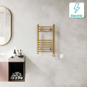 Barcelona Electric Brushed Brass Straight Heated Towel Rail 650x400mm
