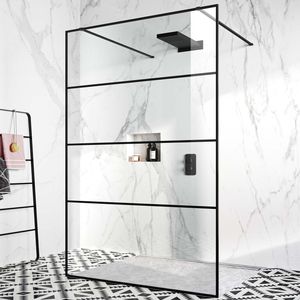 Munich Matt Black Grid 8mm Walk Through Wet Room Shower Glass Panel 1400mm