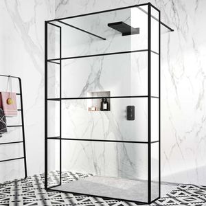Munich Matt Black Grid 8mm Walk Through Wet Room Shower Glass Panel 1400mm & 250mm Return Panel