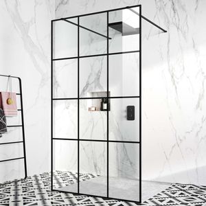 Munich Matt Black Crittall Style 8mm Walk Through Wet Room Shower Glass Panel 1200mm