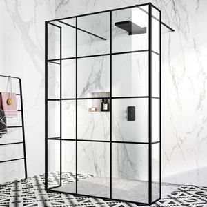 Munich Matt Black Crittall Style 8mm Walk Through Wet Room Shower Glass Panel 1400mm & 250mm Return Panel