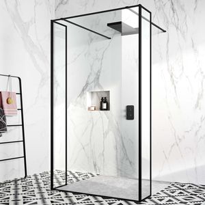 Munich Matt Black Framed 8mm Walk Through Wet Room Shower Glass Panel 1100mm & 250mm Return Panel