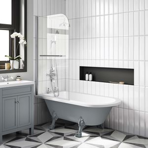 Abingdon 1500mm Dove Grey Roll Top Shower Bath - Grey Claw Feet & 6mm Easy Clean Screen With Rail