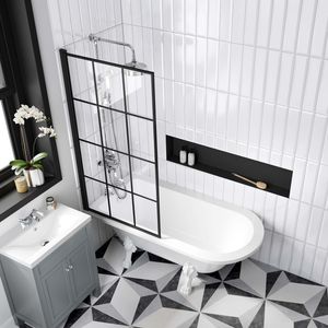 Abingdon 1500 Roll Top Shower Bath - White Claw Feet & 6mm Easy Clean Matt Black Crittall Screen
