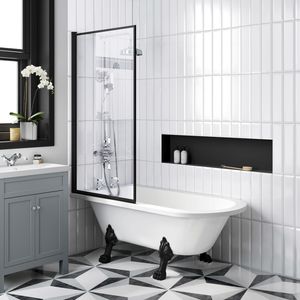 Abingdon 1500 Roll Top Shower Bath - Black Claw Feet & 6mm Easy Clean Matt Black Framed Screen