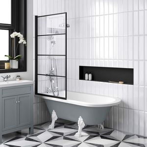 Abingdon 1500 Dove Grey Roll Top Shower Bath - White Claw Feet & 6mm Easy Clean Matt Black Grid Screen