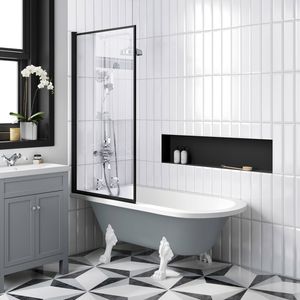 Abingdon 1500 Dove Grey Roll Top Shower Bath - White Claw Feet & 6mm Easy Clean Matt Black Framed Screen