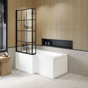 L Shaped 1600 Shower Bath with Front Panel & 6mm Easy Clean Matt Black Crittall Bath Screen - Left Handed