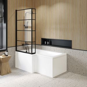 L Shaped 1600 Shower Bath with Front Panel & 6mm Easy Clean Matt Black Grid Bath Screen - Left Handed