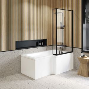 L Shaped 1600 Shower Bath with Front Panel & 6mm Easy Clean Matt Black Framed Bath Screen - Right Handed