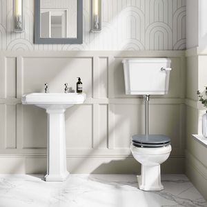 Hudson Traditional Low-Level Toilet With Dove Grey Seat & Pedestal Basin - Double Tap Hole