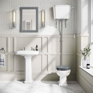 Hudson Traditional High-Level Toilet With Dove Grey Seat & Pedestal Basin - Double Tap Hole