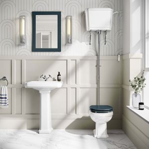 Hudson Traditional High-Level Toilet With Inky Blue Seat & Pedestal Basin - Single Tap Hole