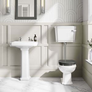 Hudson Traditional Low-Level Toilet With Graphite Grey Seat & Pedestal Basin - Double Tap Hole