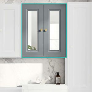 Dove Grey Wall Hung Mirror Cabinet 700x600mm - Brushed Brass Accents