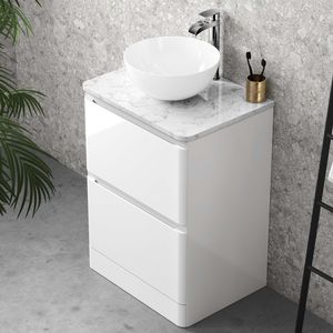 Corsica Gloss White Vanity Drawer with Marble Top & Round Counter Top Basin 600mm