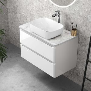 Corsica Gloss White Wall Hung Drawer Vanity with Marble Top & Curved Counter Top Basin 800mm