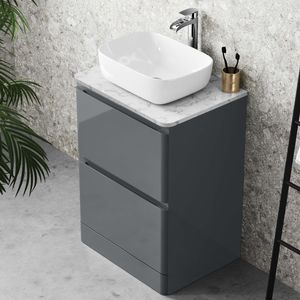 Corsica Storm Grey Vanity Drawer with Marble Top & Curved Counter Top Basin 600mm