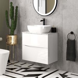 Austin Gloss White Wall Hung Drawer Vanity with Marble Top & Curved Counter Top Basin 600mm