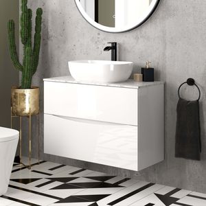 Austin Gloss White Wall Hung Drawer Vanity with Marble Top & Curved Counter Top Basin 800mm