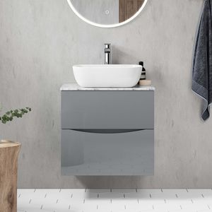 Austin Stone Grey Wall Hung Drawer Vanity with Marble Top & Curved Counter Top Basin 600mm