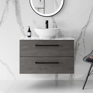 Elba Charcoal Elm Wall Hung Drawer Vanity with Marble Top & Oval Counter Top Basin 800mm - Black Accents