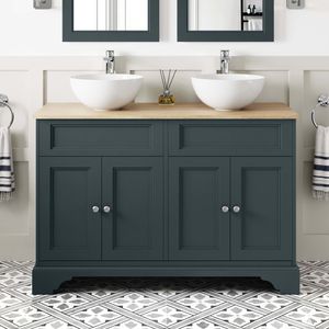 Lucia Inky Blue Double Vanity with Oak Effect Top & Round Counter Top Basin 1200mm