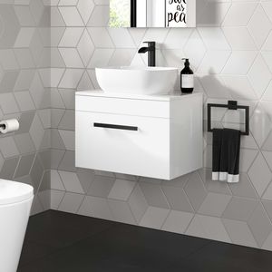 Avon Gloss White Wall Hung Drawer Vanity with Curved Counter Top Basin 600mm - Black Accents