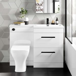 Avon Gloss White Combination Basin Drawer and Atlanta Toilet 1100mm - Black Accents - Right Handed