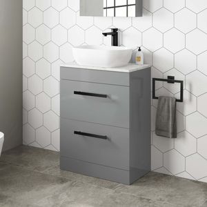 Avon Stone Grey Vanity Drawer with Marble Top & Curved Counter Top Basin 600mm - Black Accents