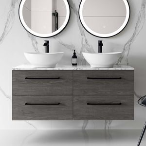 Elba Charcoal Elm Double Wall Hung Drawer Vanity with Marble Top & Oval Counter Top Basin 1200mm - Black Accents