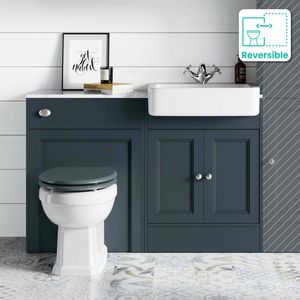 Monaco Inky Blue Combination Vanity Basin with Marble Top & Hudson Toilet with Wooden Seat 1200mm