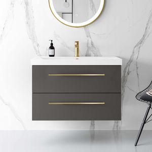 Elba Graphite Grey Wall Hung Basin Drawer Vanity 800mm - Brushed Brass Accents