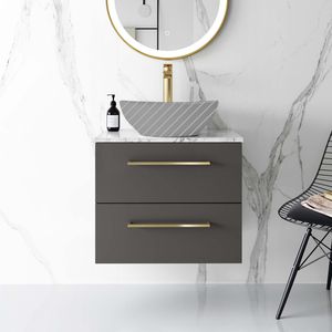 Elba Graphite Grey Wall Hung Drawer 600mm Excludes Counter Top Basin - Brushed Brass Accents