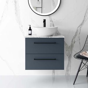 Elba Inky Blue Wall Hung Drawer Vanity with Marble Top & Oval Counter Top Basin 600mm - Black Accents