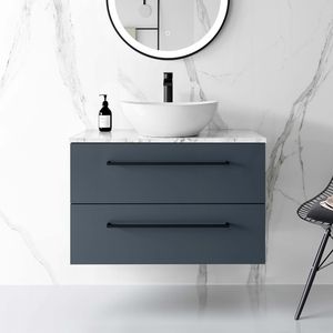 Elba Inky Blue Wall Hung Drawer Vanity with Marble Top & Oval Counter Top Basin 800mm - Black Accents