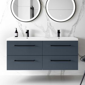 Elba Inky Blue Wall Hung Double Basin Drawer Vanity 1200mm - Black Accents