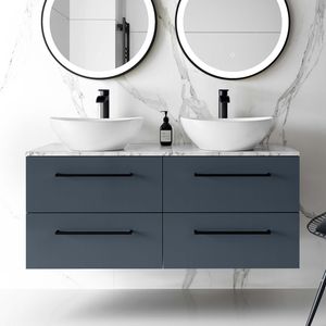 Elba Inky Blue Double Wall Hung Drawer Vanity with Marble Top & Oval Basin 1200mm - Black Accents