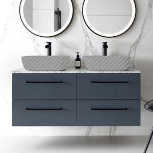 Elba Inky Blue Wall Hung Drawer with Marble Top 1200mm Excludes Basins - Black Accents