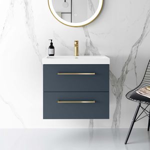 Elba Inky Blue Wall Hung Basin Drawer Vanity 600mm - Brushed Brass Accents