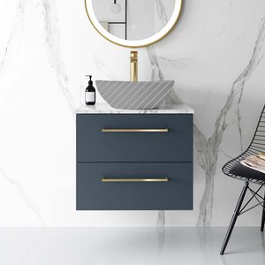 Elba Inky Blue Wall Hung Drawer 600mm Excludes Counter Top Basin - Brushed Brass Accents