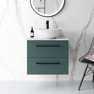 Elba Midnight Green Wall Hung Drawer Vanity with Marble Top & Oval Counter Top Basin 600mm - Black Accents
