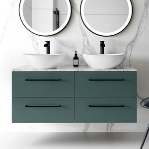 Elba Midnight Green Double Wall Hung Drawer Vanity with Marble Top & Oval Basin 1200mm - Black Accents