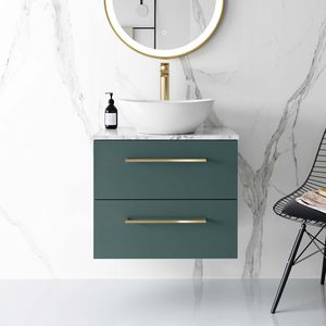 Elba Midnight Green Wall Hung Drawer Vanity with Marble Top & Oval Counter Top Basin 600mm - Brushed Brass Accents