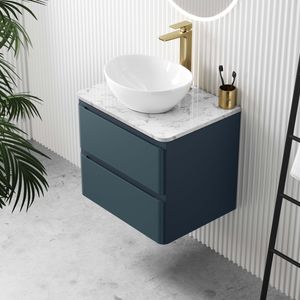 Corsica Inky Blue Wall Hung Drawer Vanity with Marble Top & Oval Counter Top Basin 600mm