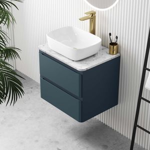 Corsica Inky Blue Wall Hung Drawer Vanity with Marble Top & Curved Counter Top Basin 600mm