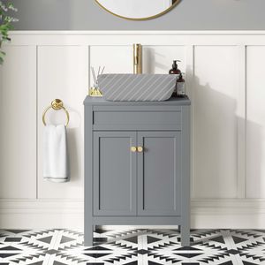 Bermuda Dove Grey Cabinet 600mm Excludes Counter Top Basin - Brushed Brass Accents