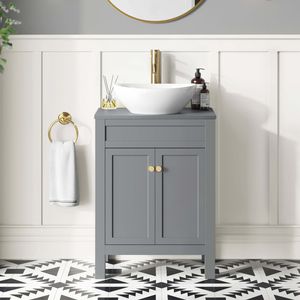 Bermuda Dove Grey Vanity with Oval Counter Top Basin 600mm - Brushed Brass Accents