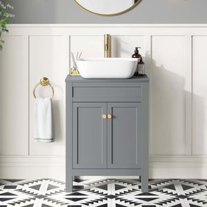 Bermuda Dove Grey Vanity with Curved Counter Top Basin 600mm - Brushed Brass Accents