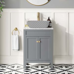 Bermuda Dove Grey Cabinet with Marble Top 600mm Excludes Counter Top Basin - Brushed Brass Accents